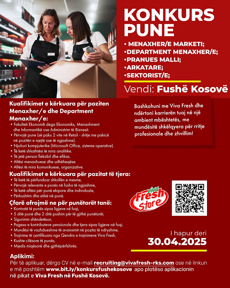 Menaxher/e Marketi, Department Menaxher/e, Pranues Malli, Arkatare, Sektorist/e